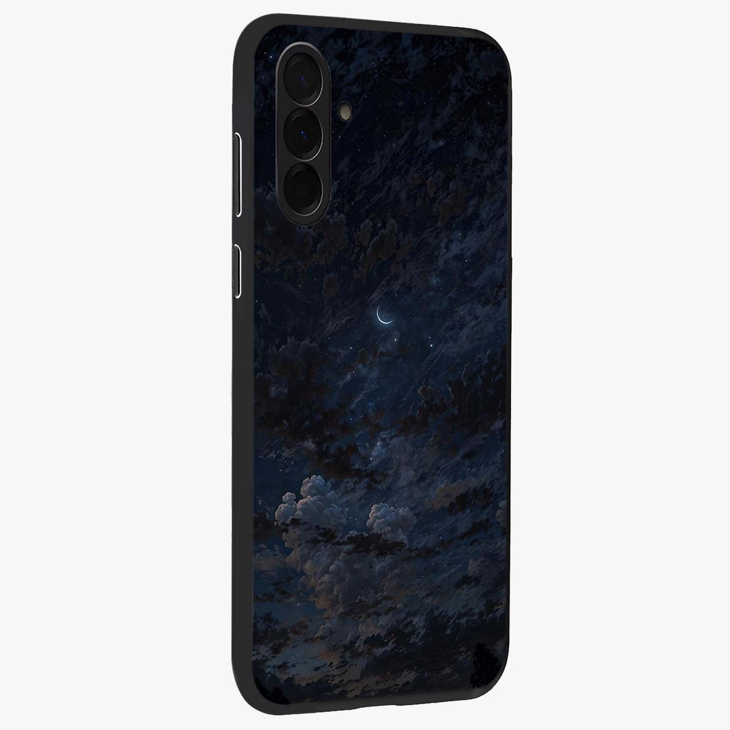 Lunar Veil Silence Glass Case upright view showcasing calm moon themed artwork with serene night atmosphere.