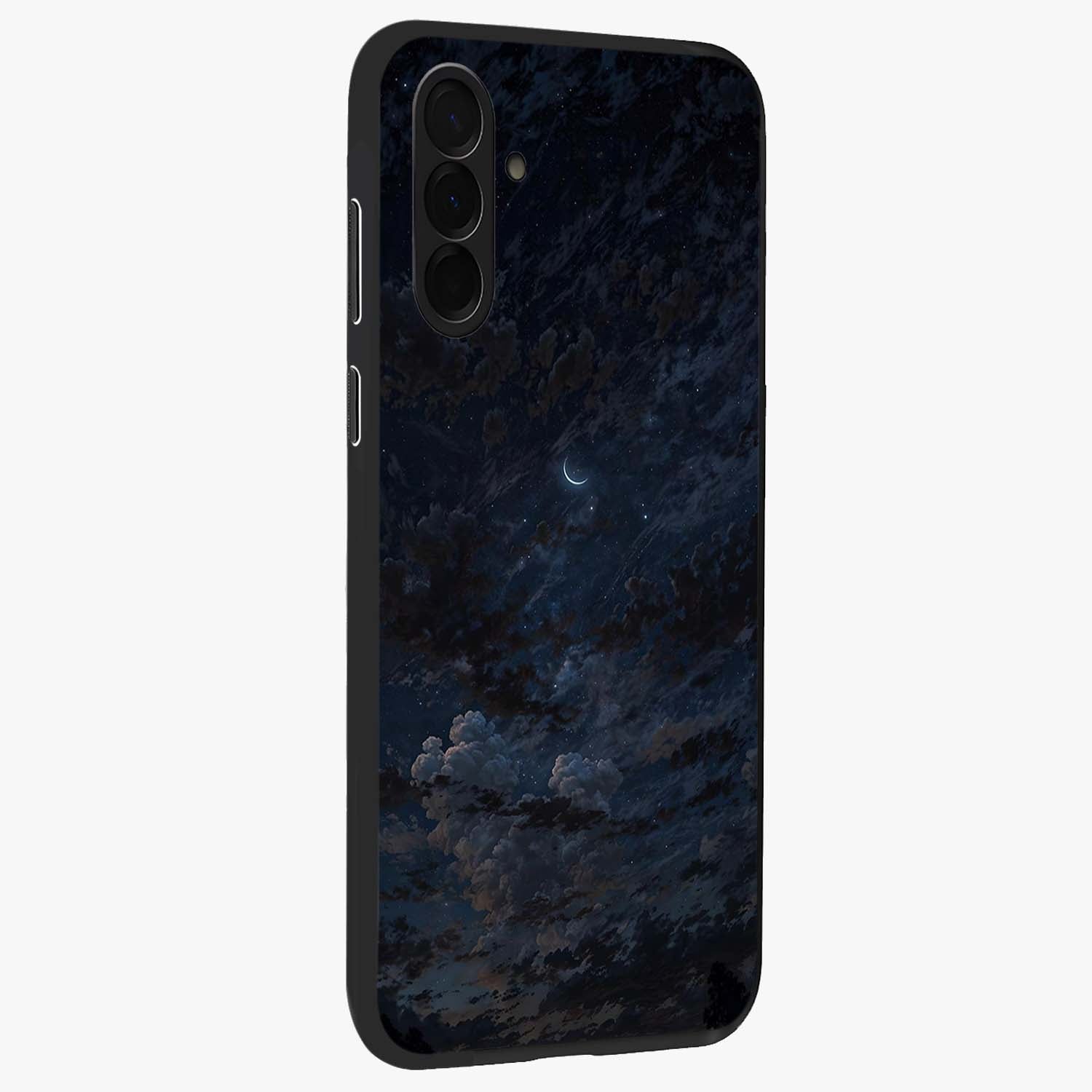 Lunar Veil Silence Glass Case upright view showcasing calm moon themed artwork with serene night atmosphere.