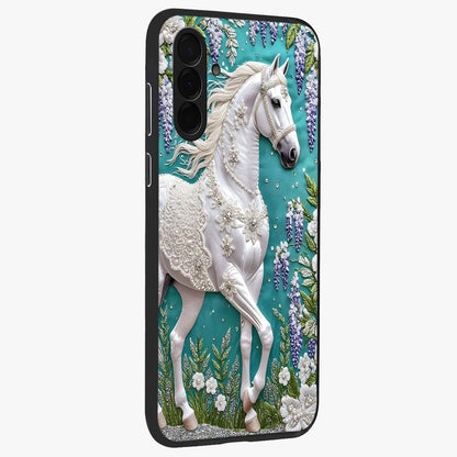 Majestic Floral Stallion Glass Case upright view showcasing dramatic horse artwork with decorative floral theme.