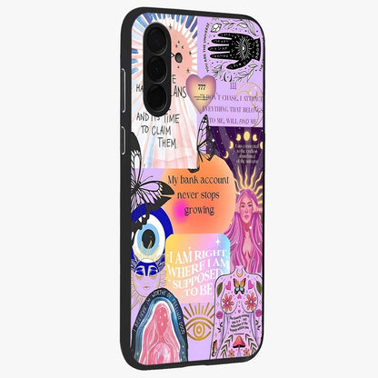 Manifestation Collage Glass Case upright view showcasing artistic manifestation themed artwork with creative style.