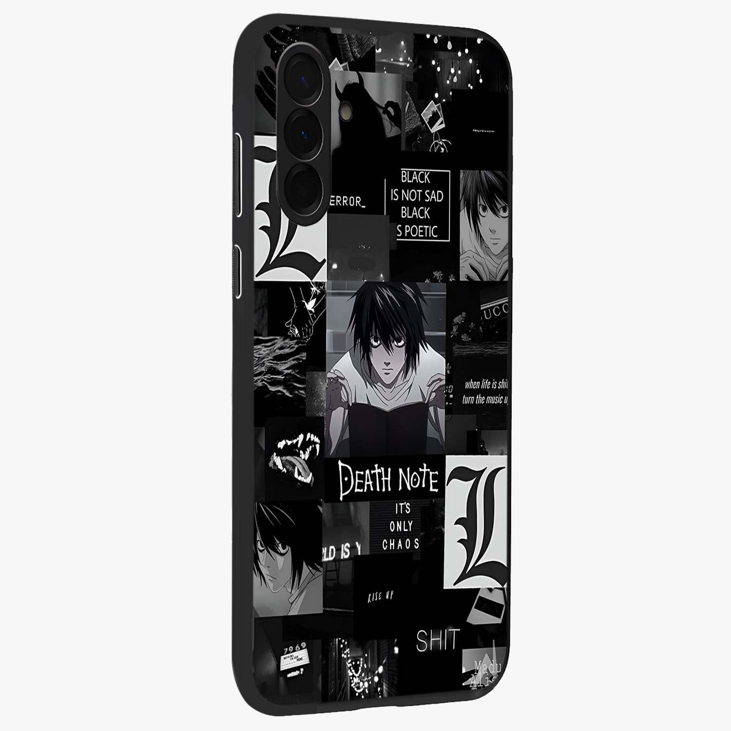 Midnight Chaos Mind Glass Case upright view showcasing expressive abstract artwork with bold dark theme.