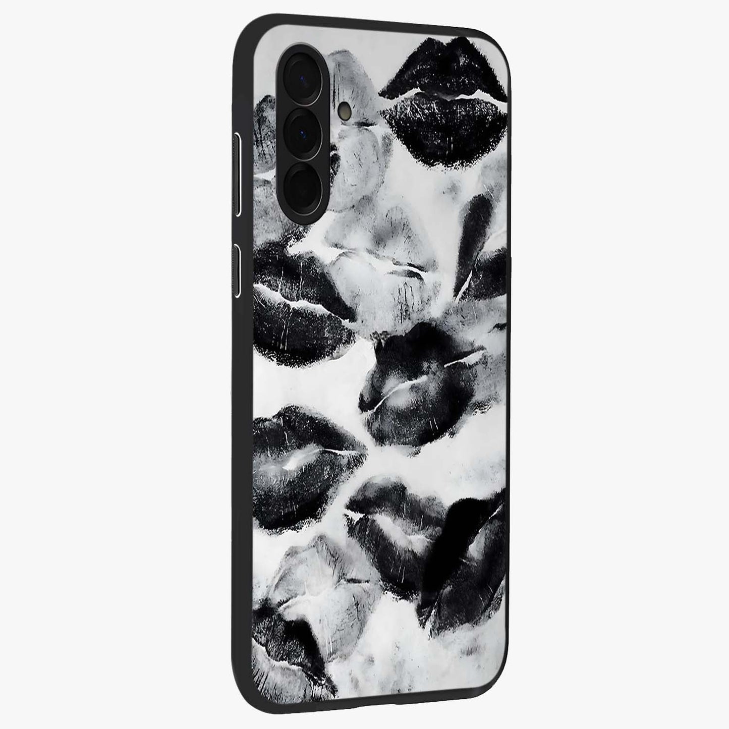 Midnight Kiss Marks Glass Case upright view showcasing stylish kiss mark artwork with trendy romantic theme.