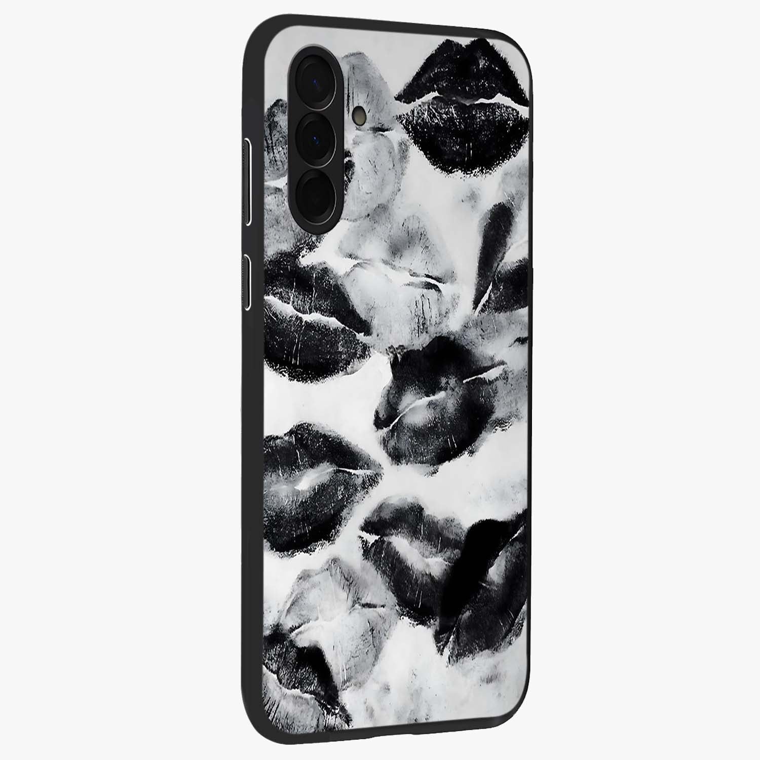 Midnight Kiss Marks Glass Case upright view showcasing stylish kiss mark artwork with trendy romantic theme.