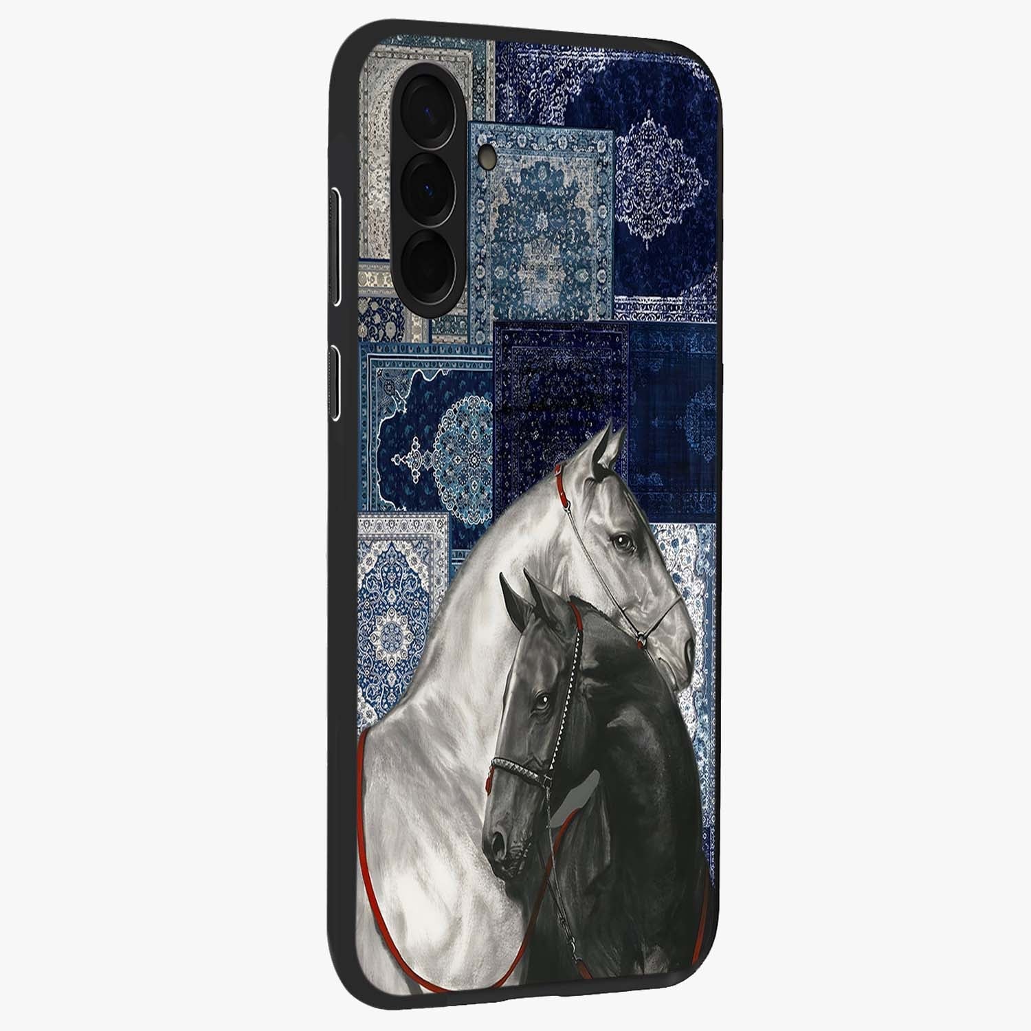 Midnight Stallion Blues Glass Case upright view showcasing dramatic horse artwork with bold artistic theme.
