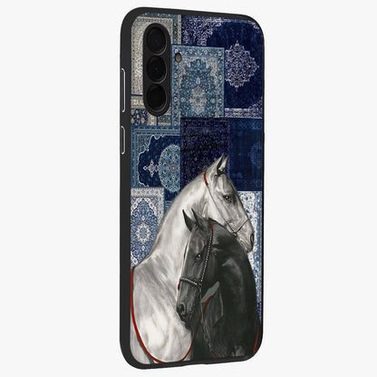 Midnight Stallion Blues Glass Case upright view showcasing dramatic horse artwork with bold artistic theme.
