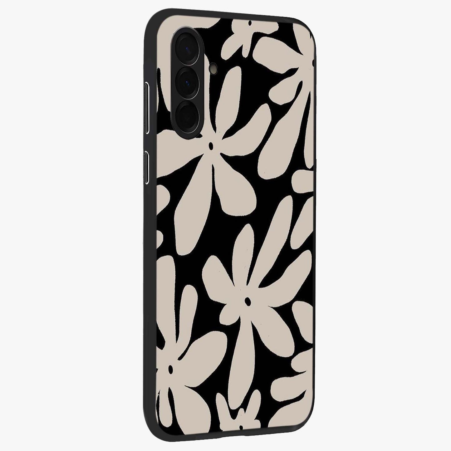 Monochrome Petal Dance Glass Case upright view showcasing artistic floral pattern with stylish monochrome theme.