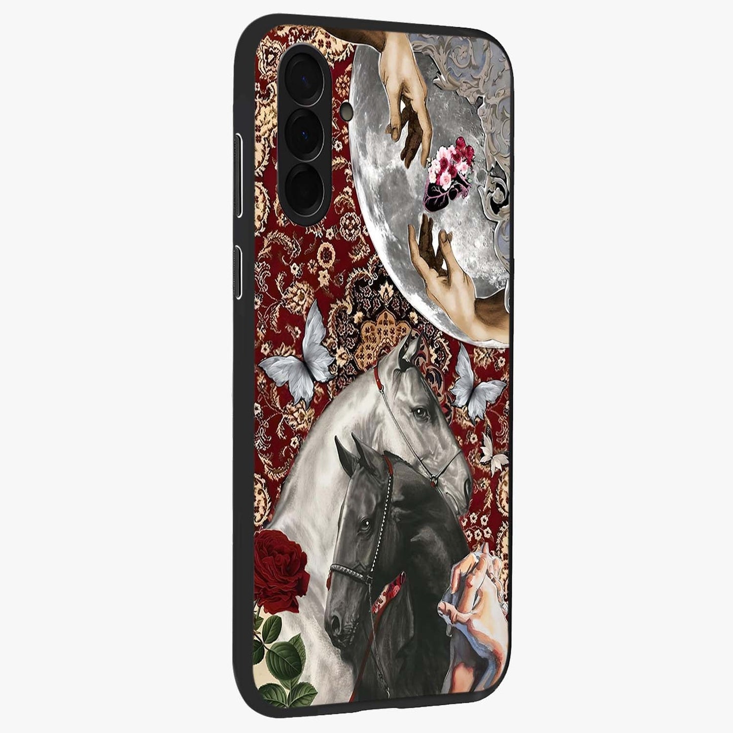 Moonlit Royal Stallion Glass Case upright view showcasing dramatic horse artwork with glowing moon themed design.