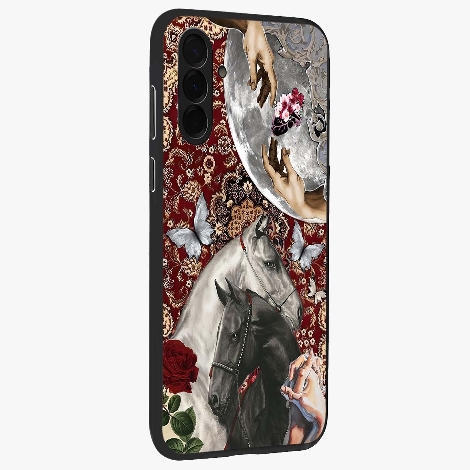 Moonlit Royal Stallion Glass Case upright view showcasing dramatic horse artwork with glowing moon themed design.