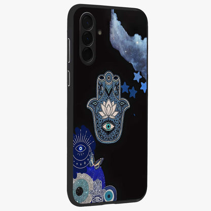 Mystic Hand Aura Glass Case upright view showcasing symbolic hand artwork with mystical energy theme.