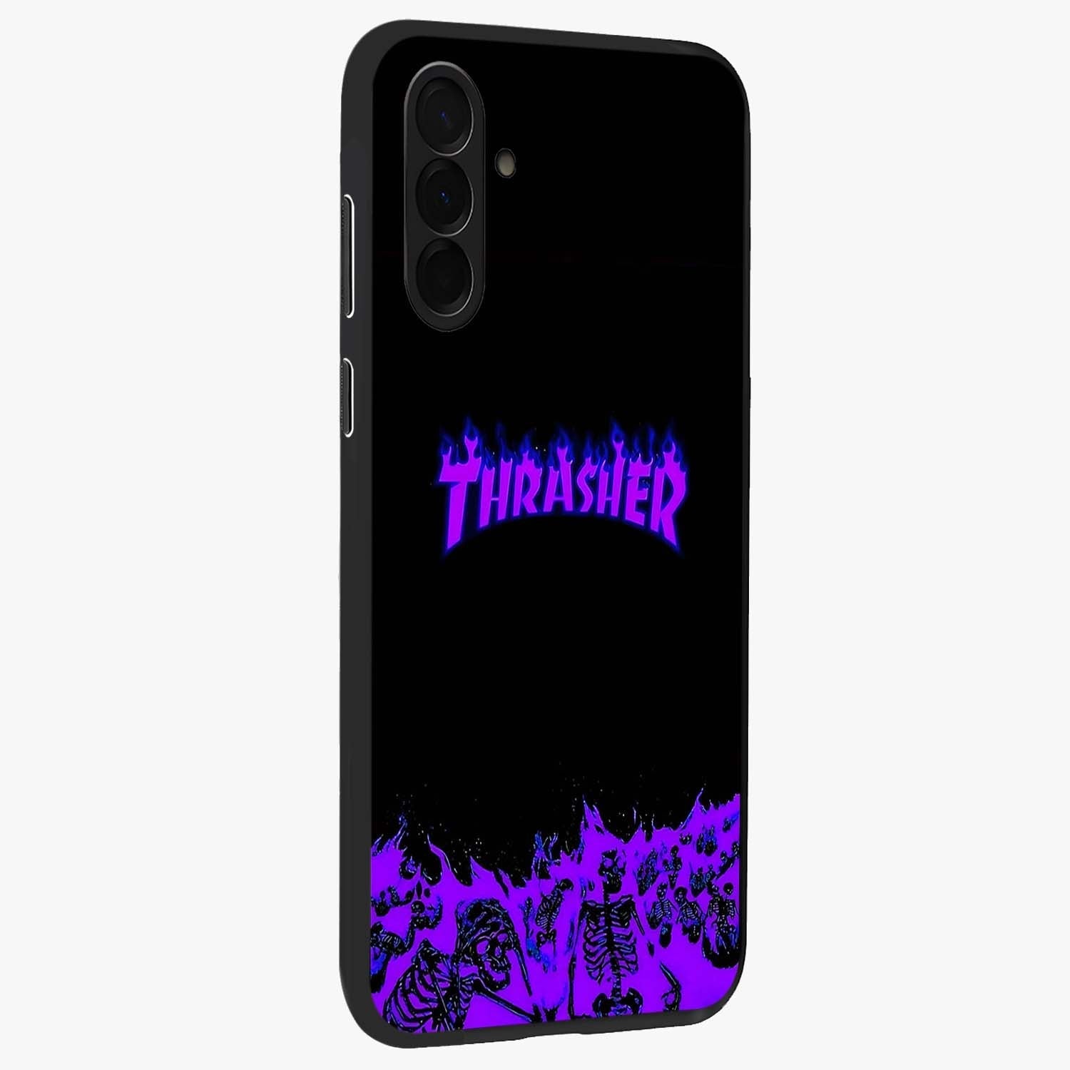 Neon Flame Riot Glass Case upright view showcasing dynamic flame artwork with energetic neon theme.