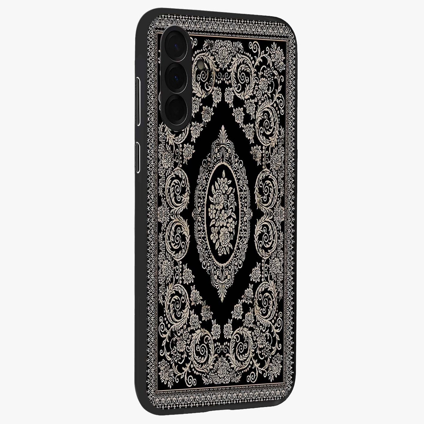 Noir Bloom Elegance Glass Case upright view showcasing graceful floral artwork with luxurious dark theme.
