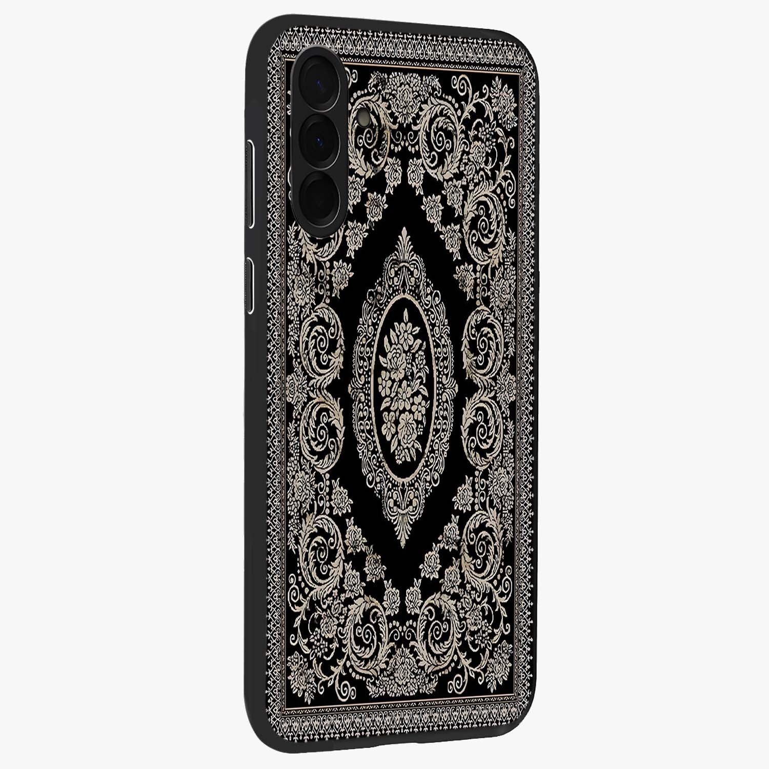 Noir Bloom Elegance Glass Case upright view showcasing graceful floral artwork with luxurious dark theme.