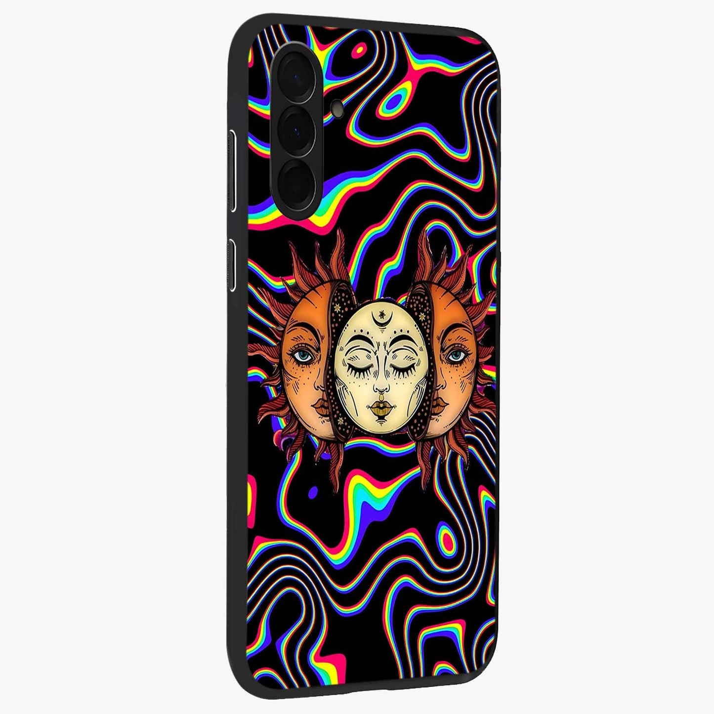 Psychedelic Sun Glass Case upright view showcasing trippy sun artwork with bold psychedelic theme.