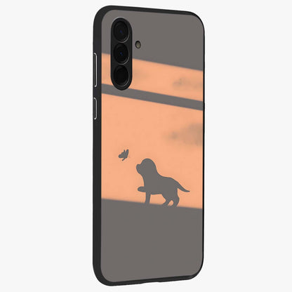Puppy Shadow Art Glass Case upright view showcasing charming puppy artwork with creative silhouette theme.