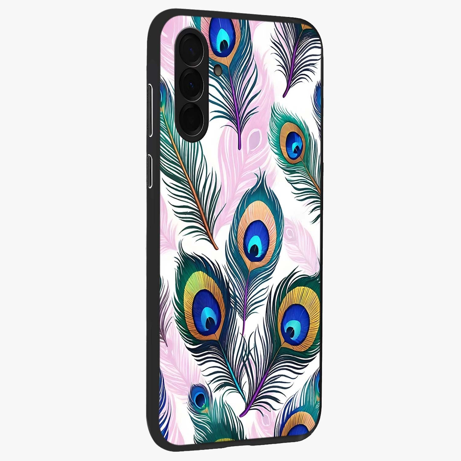 Royal Peacock Feathers Glass Case upright view showcasing elegant peacock feather artwork with decorative royal theme.