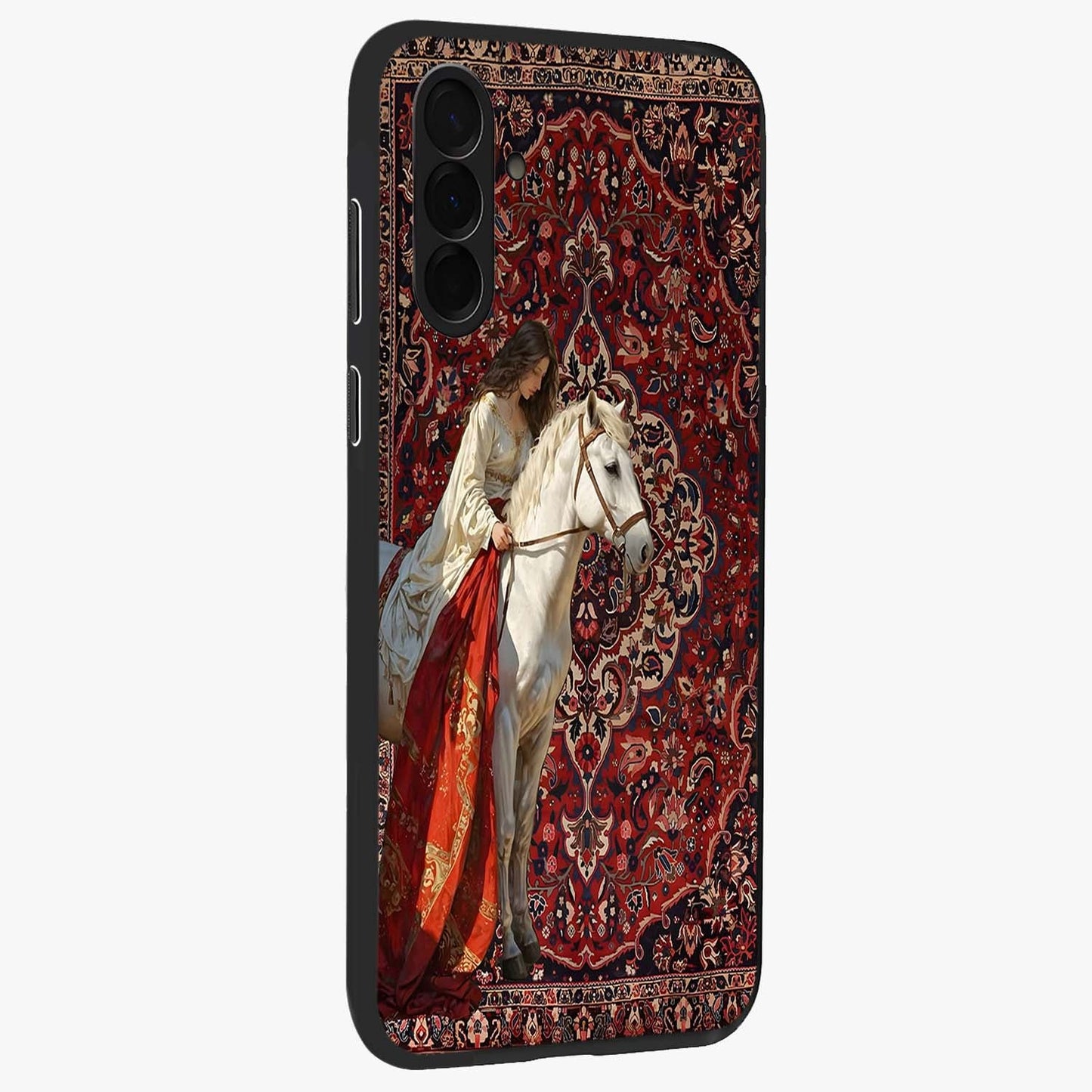 Royal Rider Tapestry Glass Case upright view showcasing detailed rider artwork with classic tapestry theme.