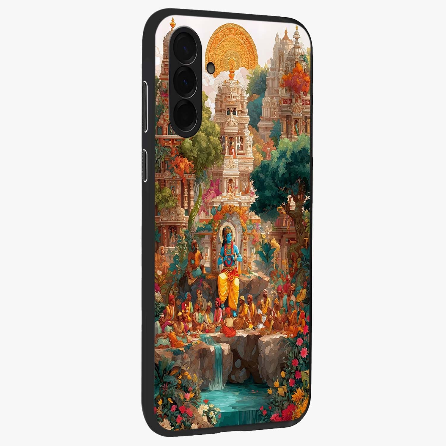 Sacred Sunlight Gods Glass Case upright view showcasing glowing divine artwork with sacred mythological theme.