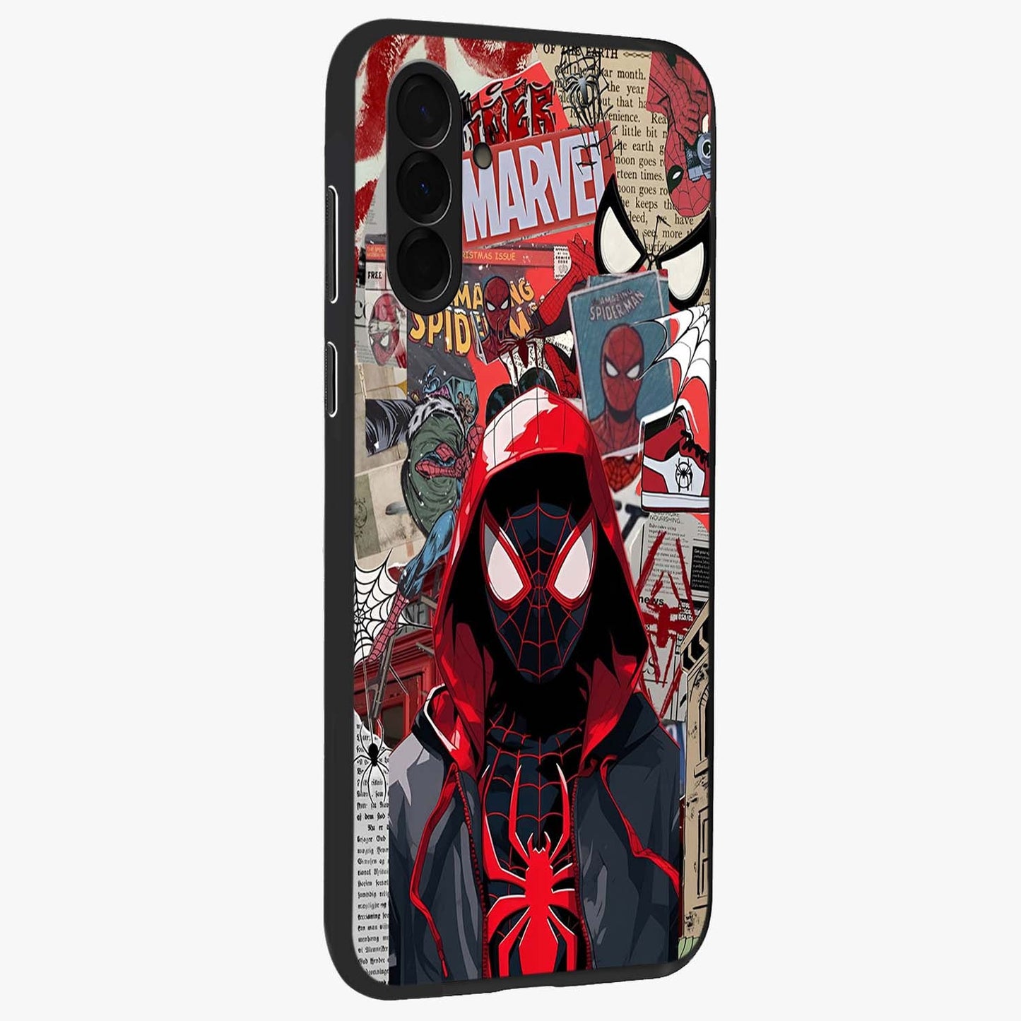Spider Collage Street Glass Case upright view showcasing bold superhero artwork with urban street theme.
