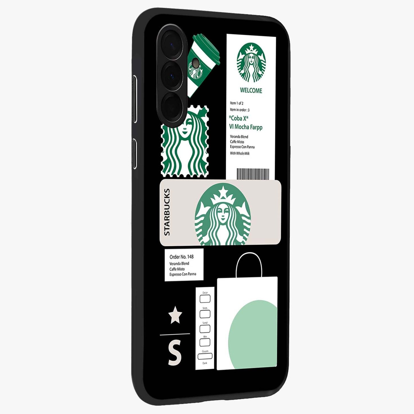 Starbucks Mocha Glass Case upright view showcasing trendy coffee inspired artwork with modern lifestyle theme.