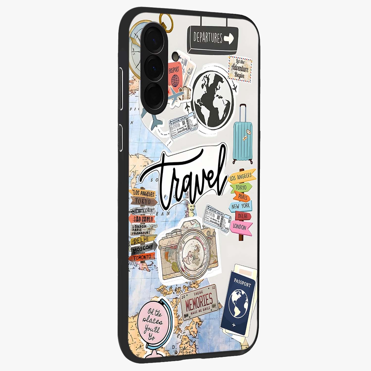 Wanderlust Journal Glass Case upright view showcasing wanderlust inspired artwork with creative exploration theme.