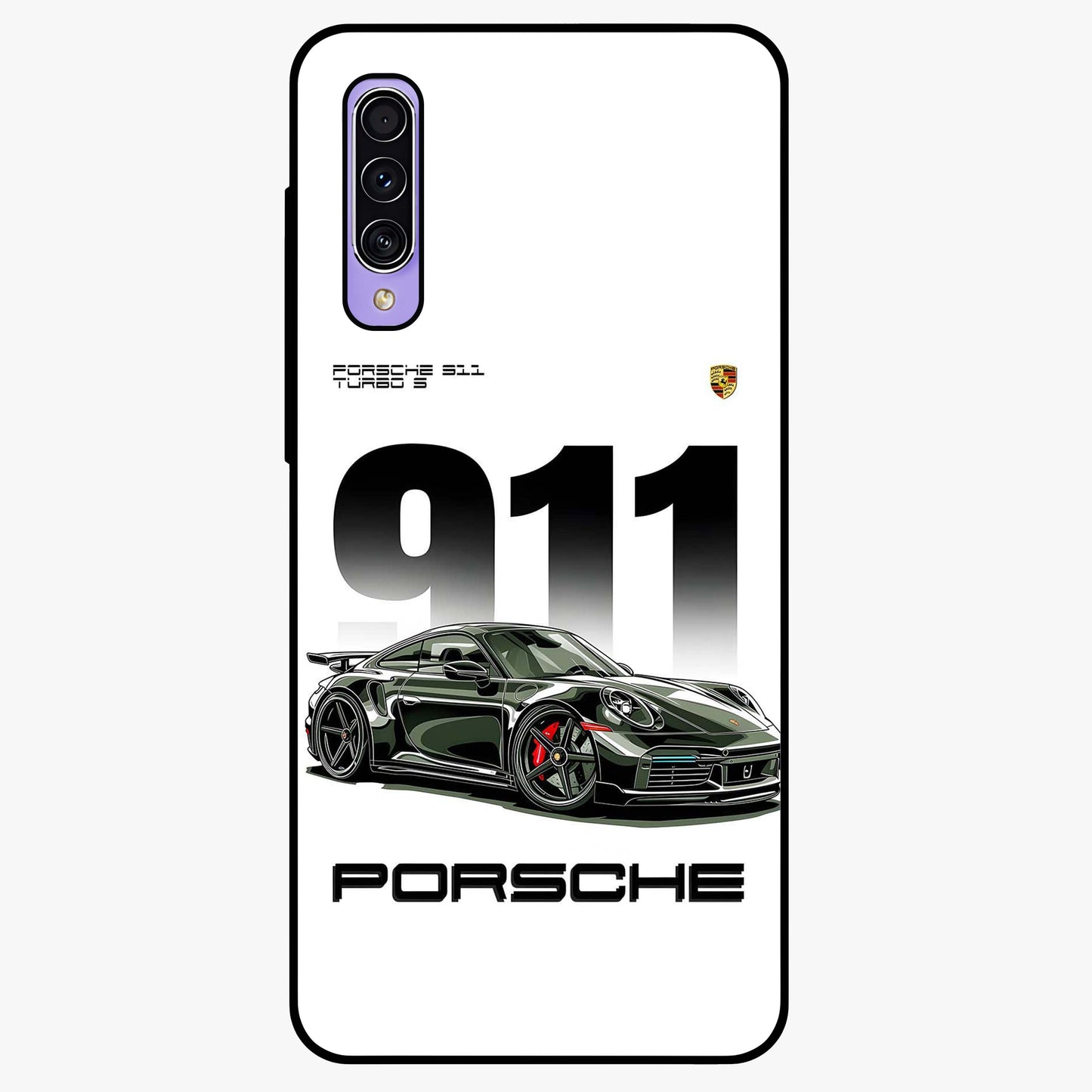 911 Turbo Dominance Glass Case showing clean flat back view with bold 911 sports car artwork and glossy glass finish.