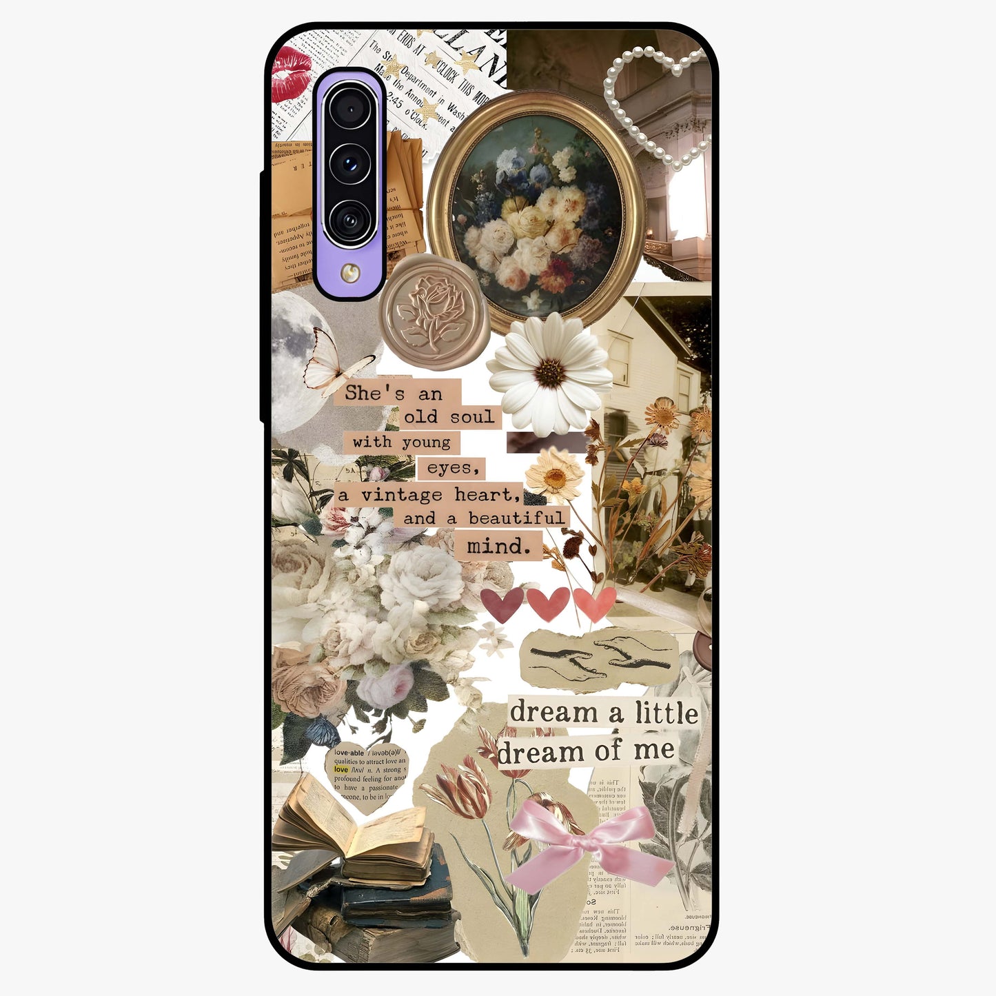 Aesthetic Brown Vintage Collage Glass Case showing flat back view with retro collage artwork and glossy glass finish.