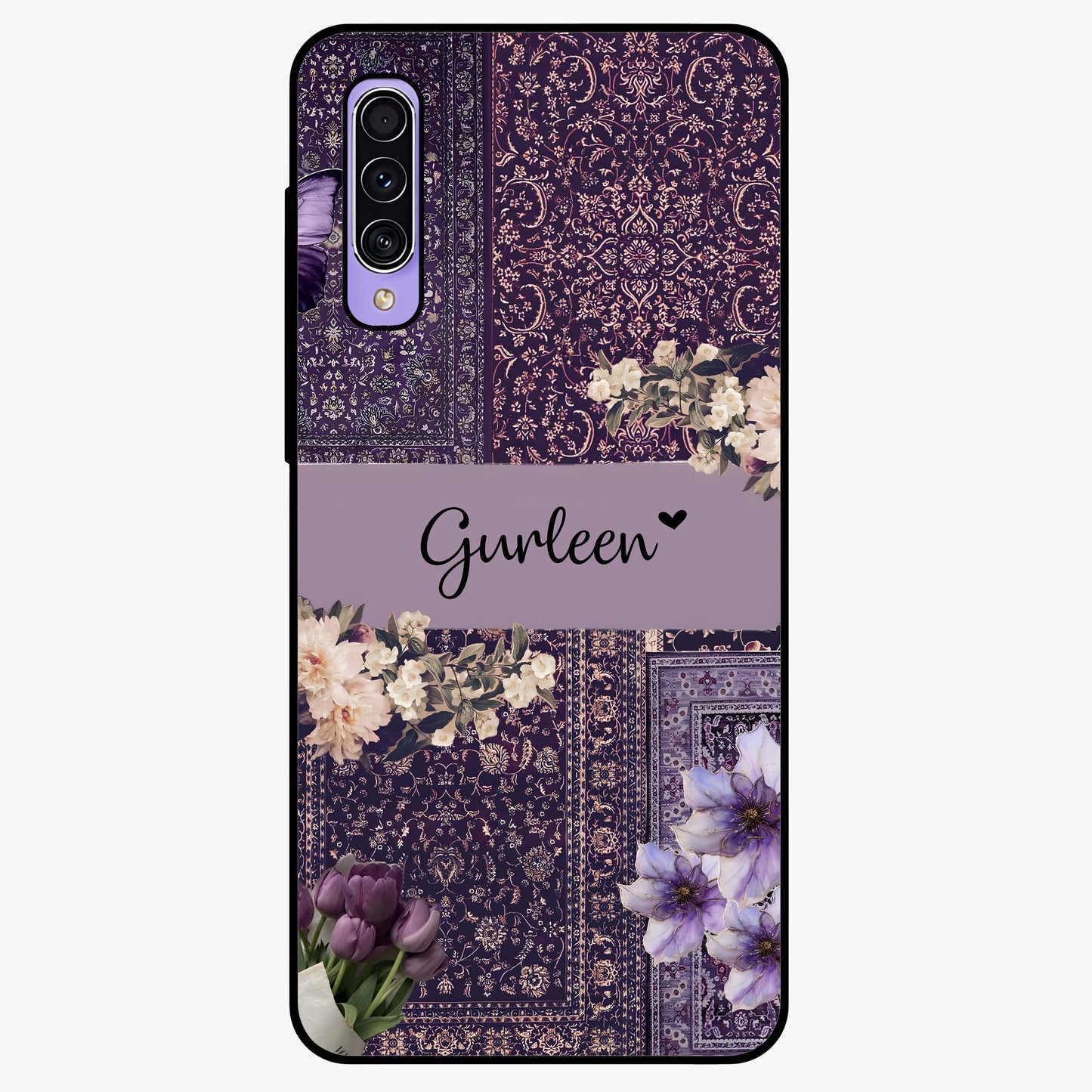 Antique Floral Whisper Custom Name Glass Case showing flat back view with vintage floral artwork and personalized name design.