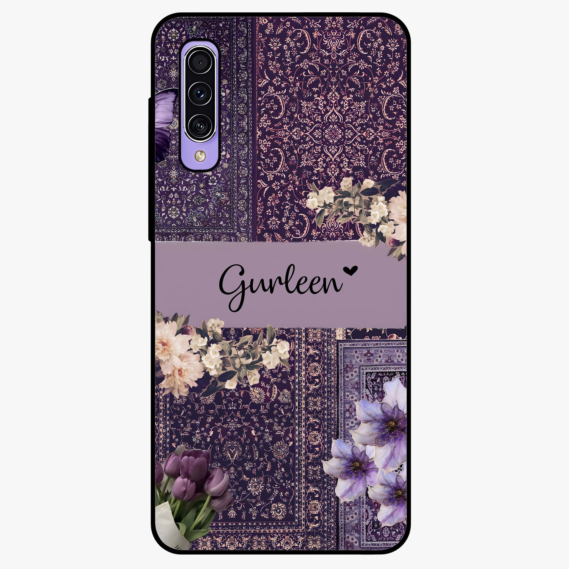 Antique Floral Whisper Custom Name Glass Case showing flat back view with vintage floral artwork and personalized name design.