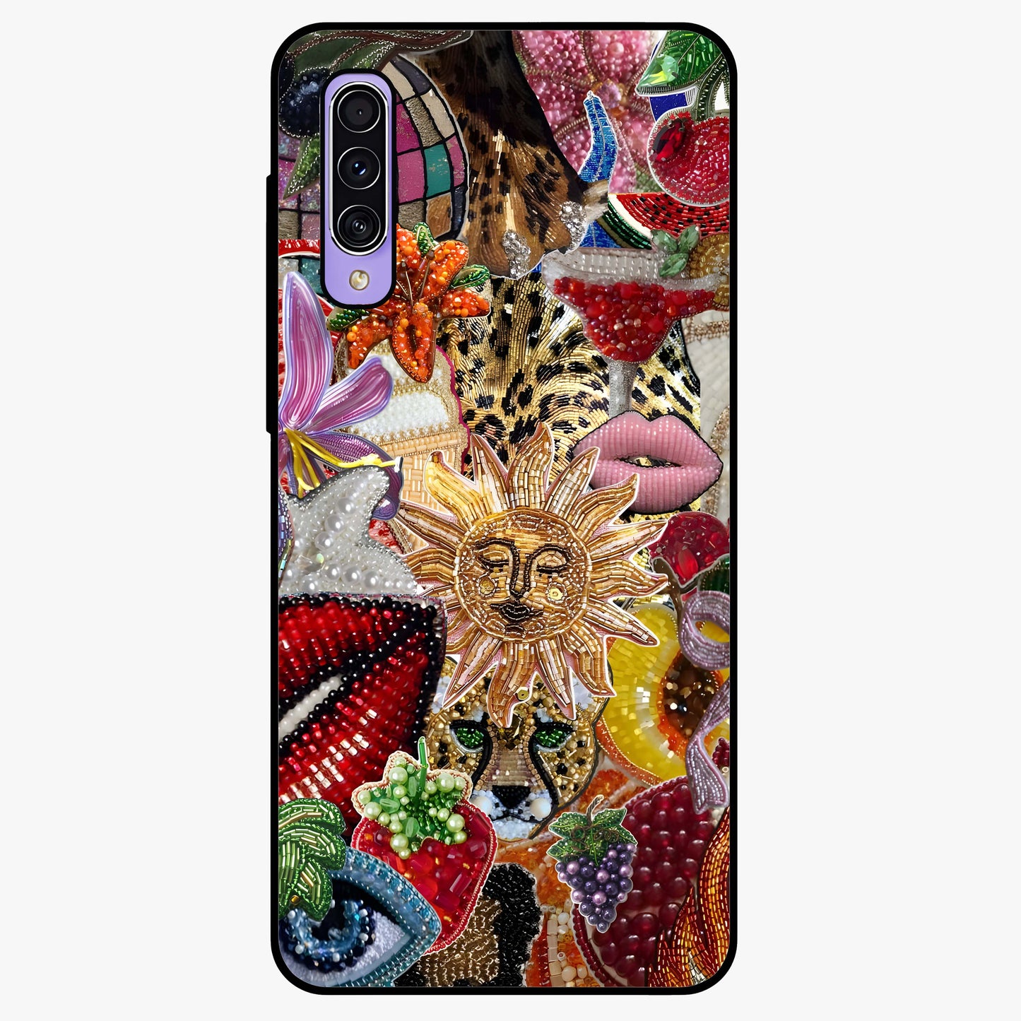 Beaded Fashion Jungle Glass Case showing flat back view with vibrant jungle inspired bead artwork and glossy glass finish.