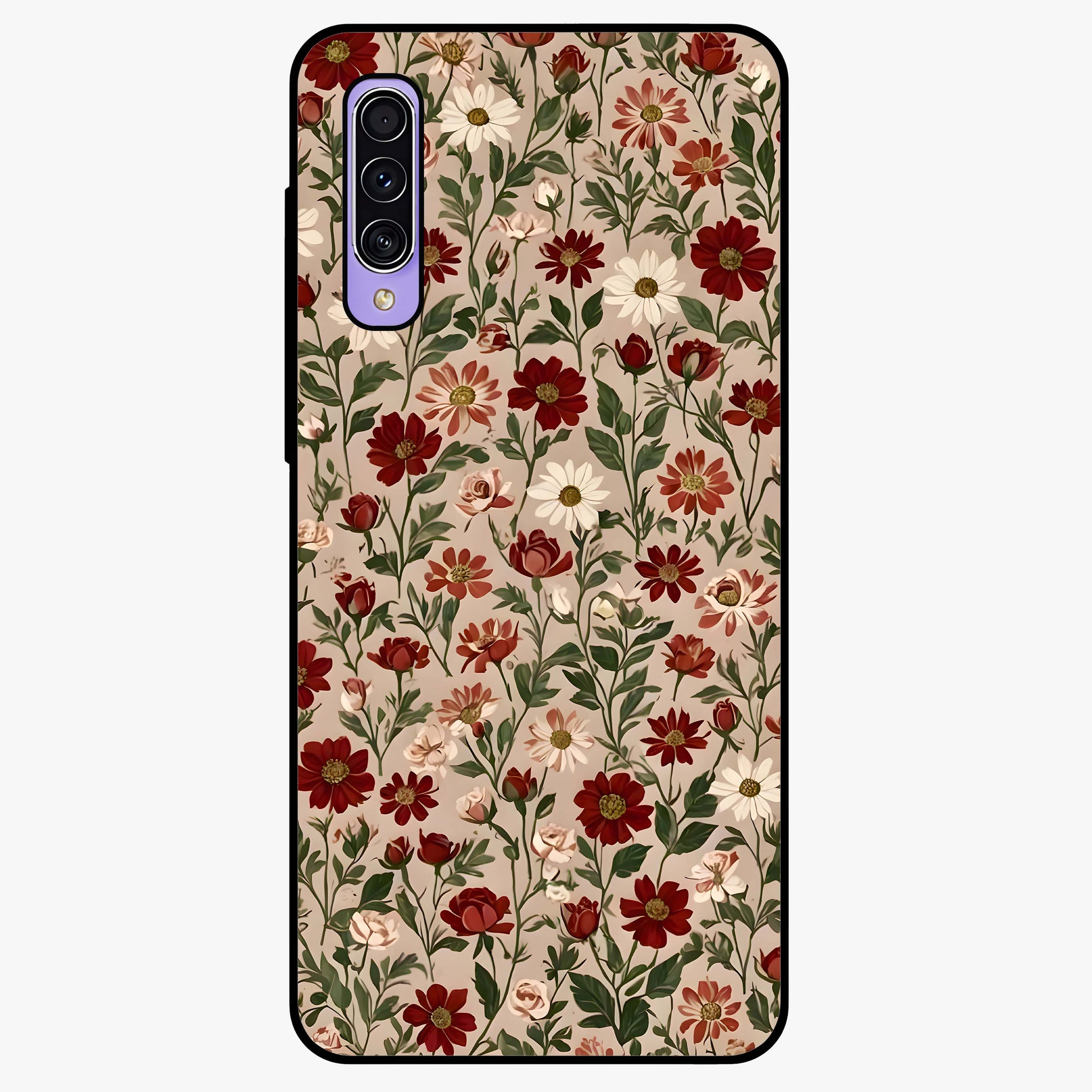 Biege Flower With Leaf Glass Case showing flat back view with soft beige floral artwork and glossy glass finish.