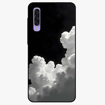 Black Background With White Cloud Glass Case showing flat back view with minimal cloud artwork on dark background and glossy glass finish.