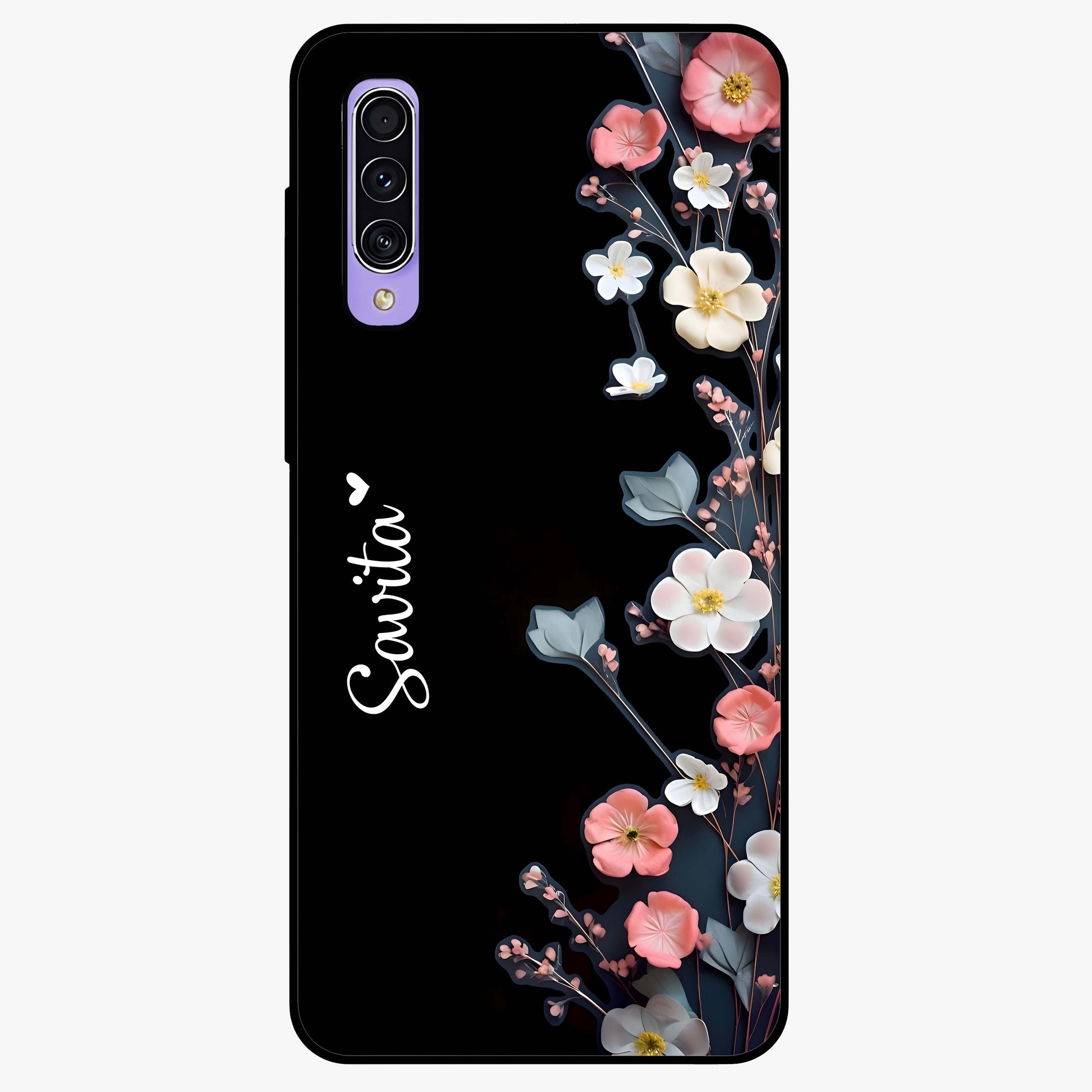 Black Elegance Floral Custom Name Glass Case showing flat back view with elegant floral artwork and personalized name design.