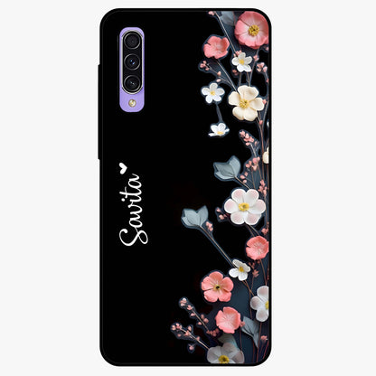 Black Elegance Floral Custom Name Glass Case showing flat back view with elegant floral artwork and personalized name design.