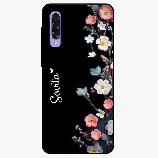 Black Elegance Floral Custom Name Glass Case showing flat back view with elegant floral artwork and personalized name design.