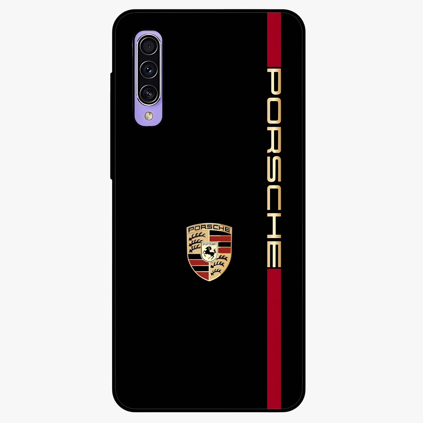 Black Minimal Porsche Glass Case showing flat back view with sleek minimal sports car artwork and glossy glass finish.