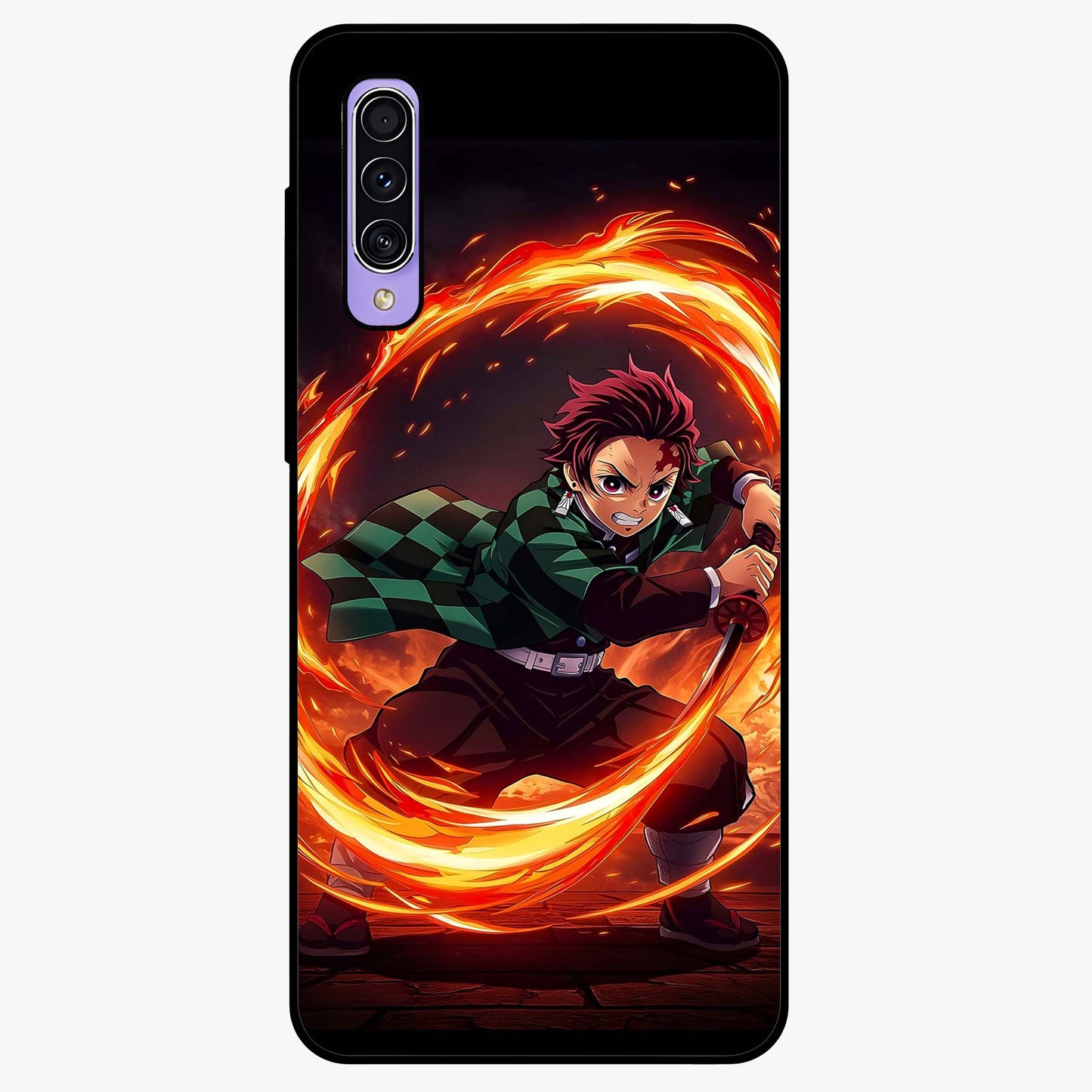Blazing Sword Resolve Glass Case showing flat back view with fiery sword artwork and glossy glass finish.