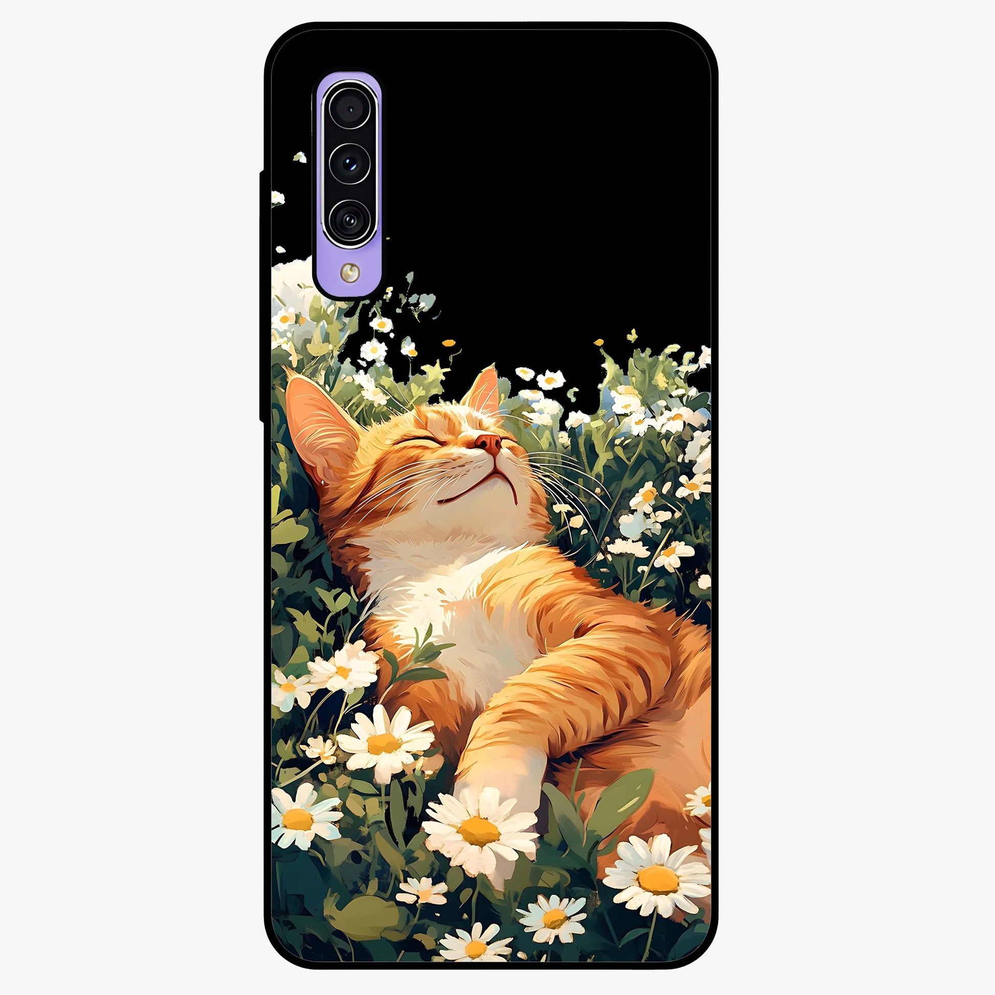 Blissful Bloom Cat Glass Case showing flat back view with cute cat and floral bloom artwork and glossy glass finish.
