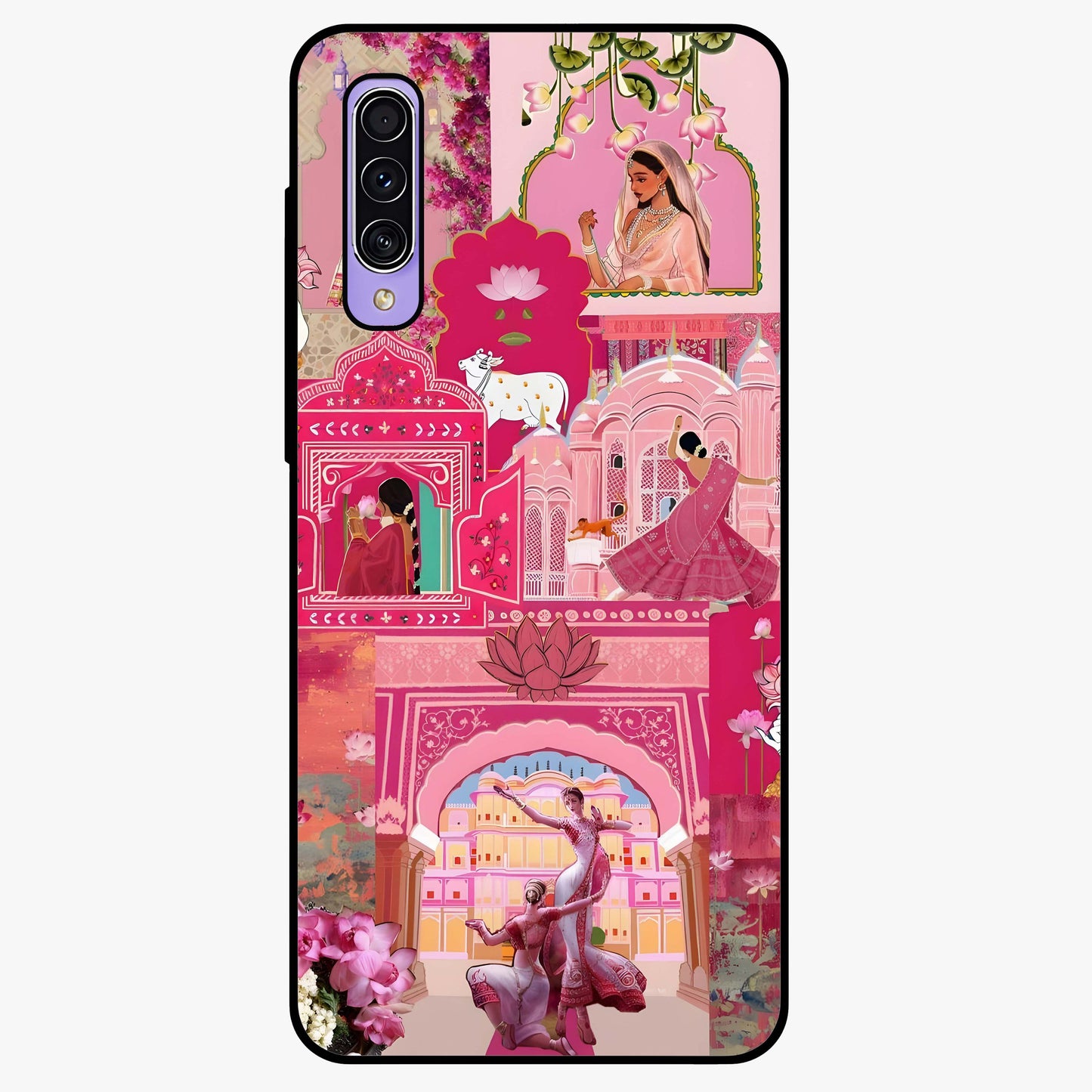 Blossoms of Rajasthan Glass Case showing flat back view with traditional floral artwork inspired by Rajasthan and glossy glass finish.