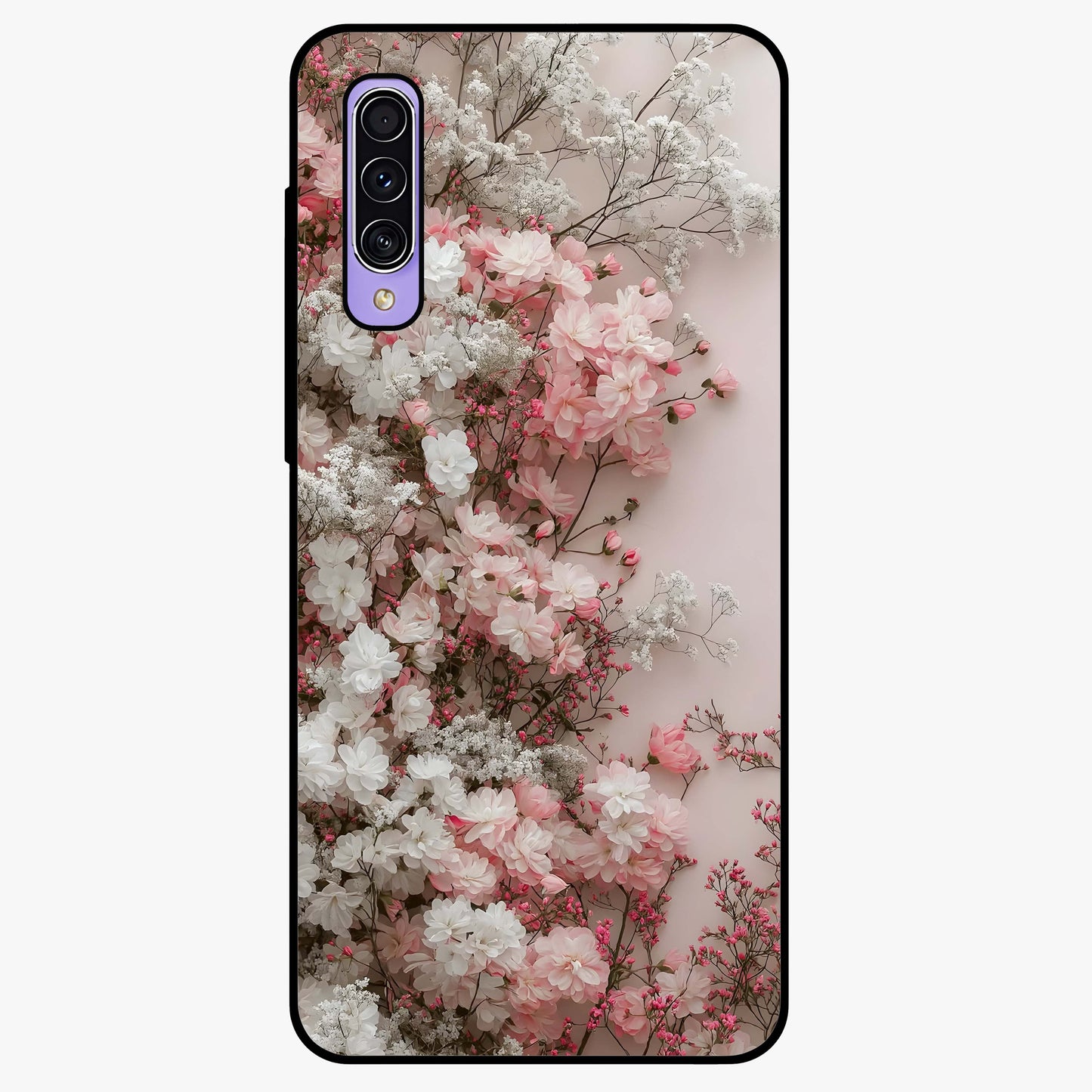 Blush Blossom Cloud Glass Case showing flat back view with dreamy blush cloud blossom artwork and glossy glass finish.
