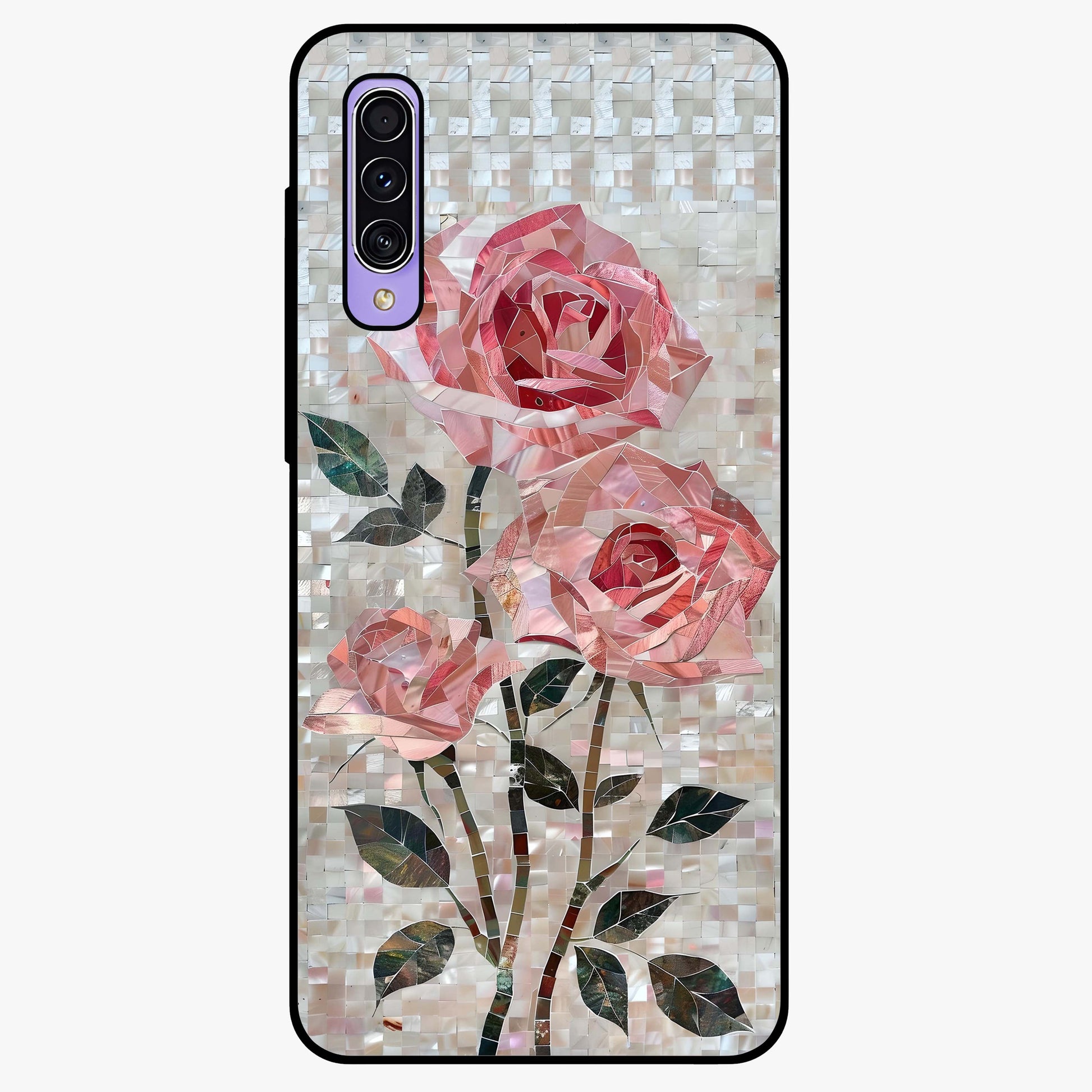 Blush Mosaic Bloom Glass Case showing flat back view with mosaic floral bloom artwork and glossy glass finish.