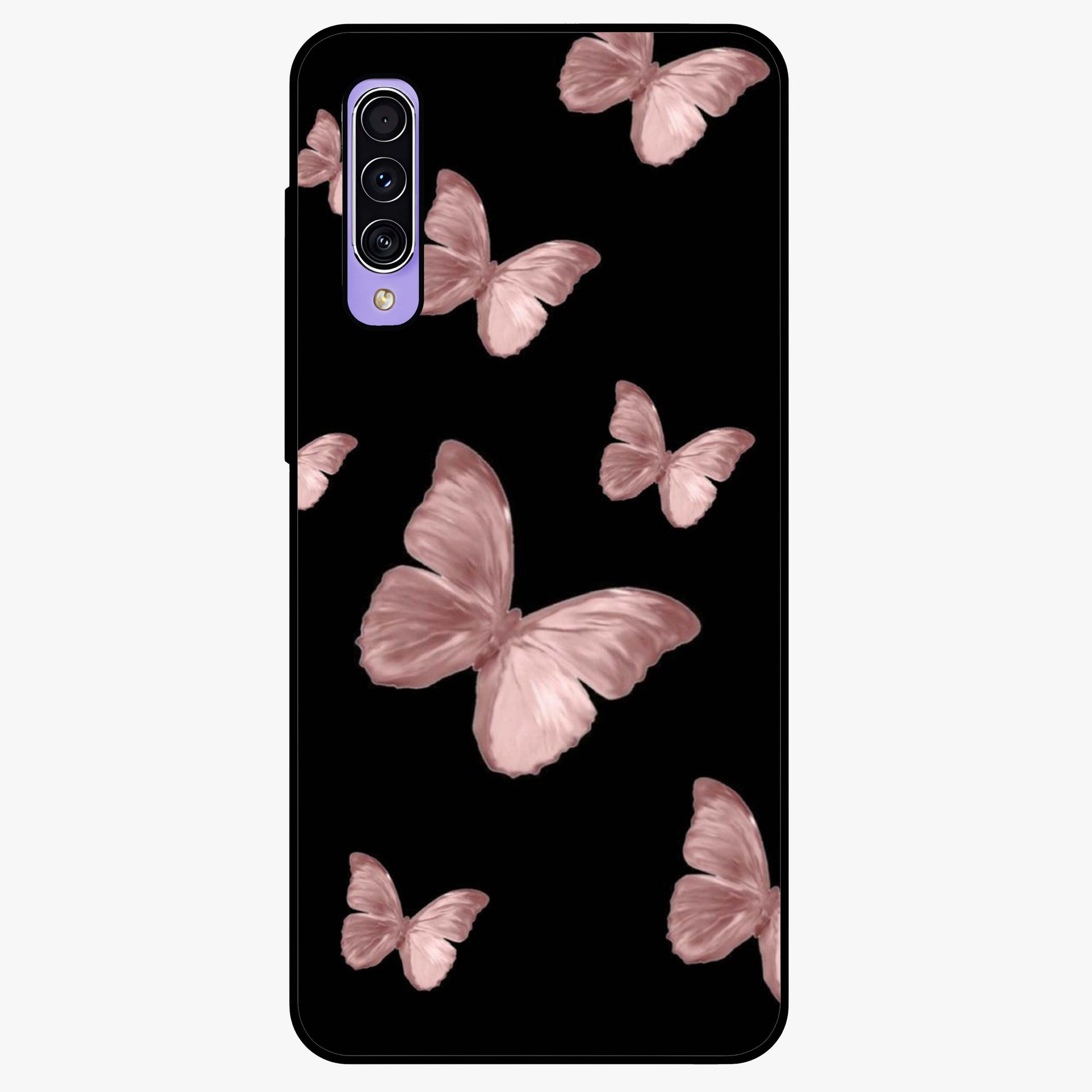 Butterfly Pattern Glass Case showing flat back view with elegant butterfly pattern artwork and glossy glass finish.