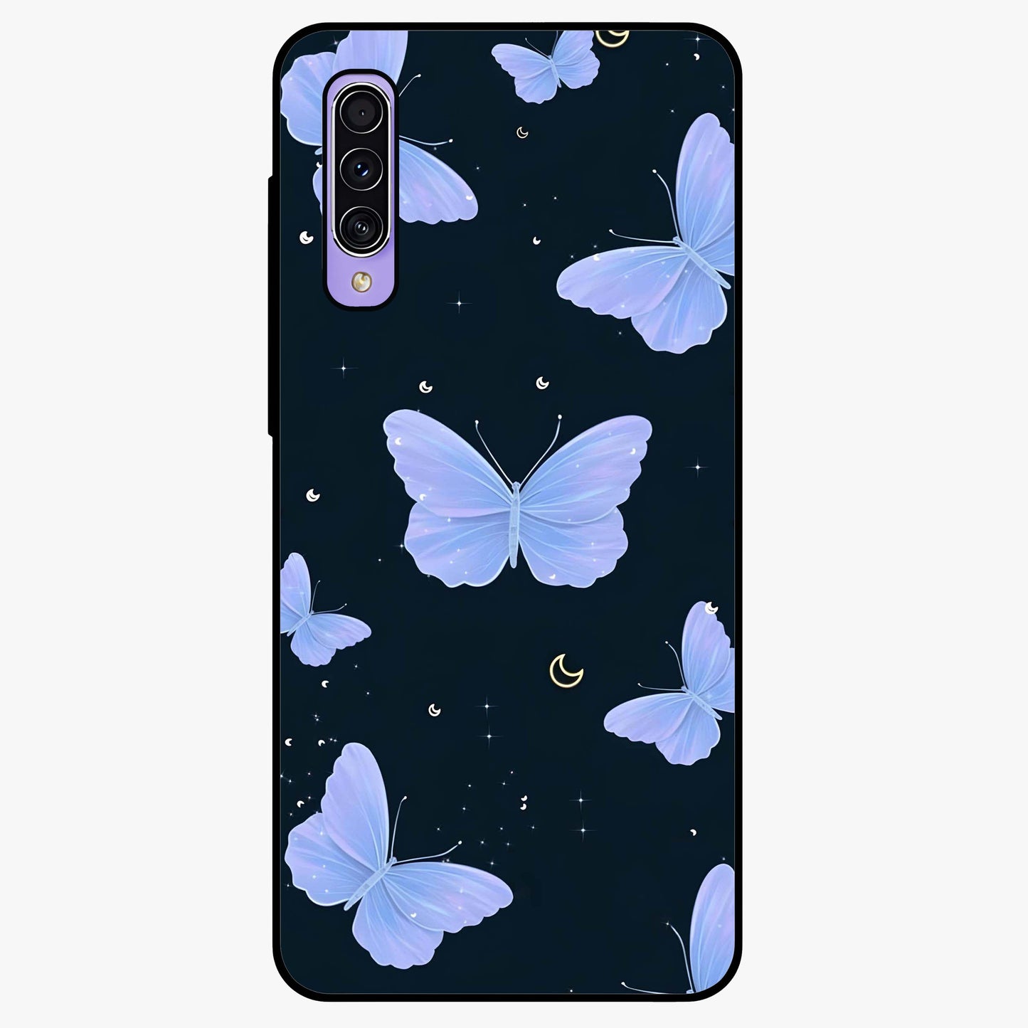 Butterfly With Stars Pattern Glass Case showing flat back view with butterfly and star pattern artwork and glossy glass finish.