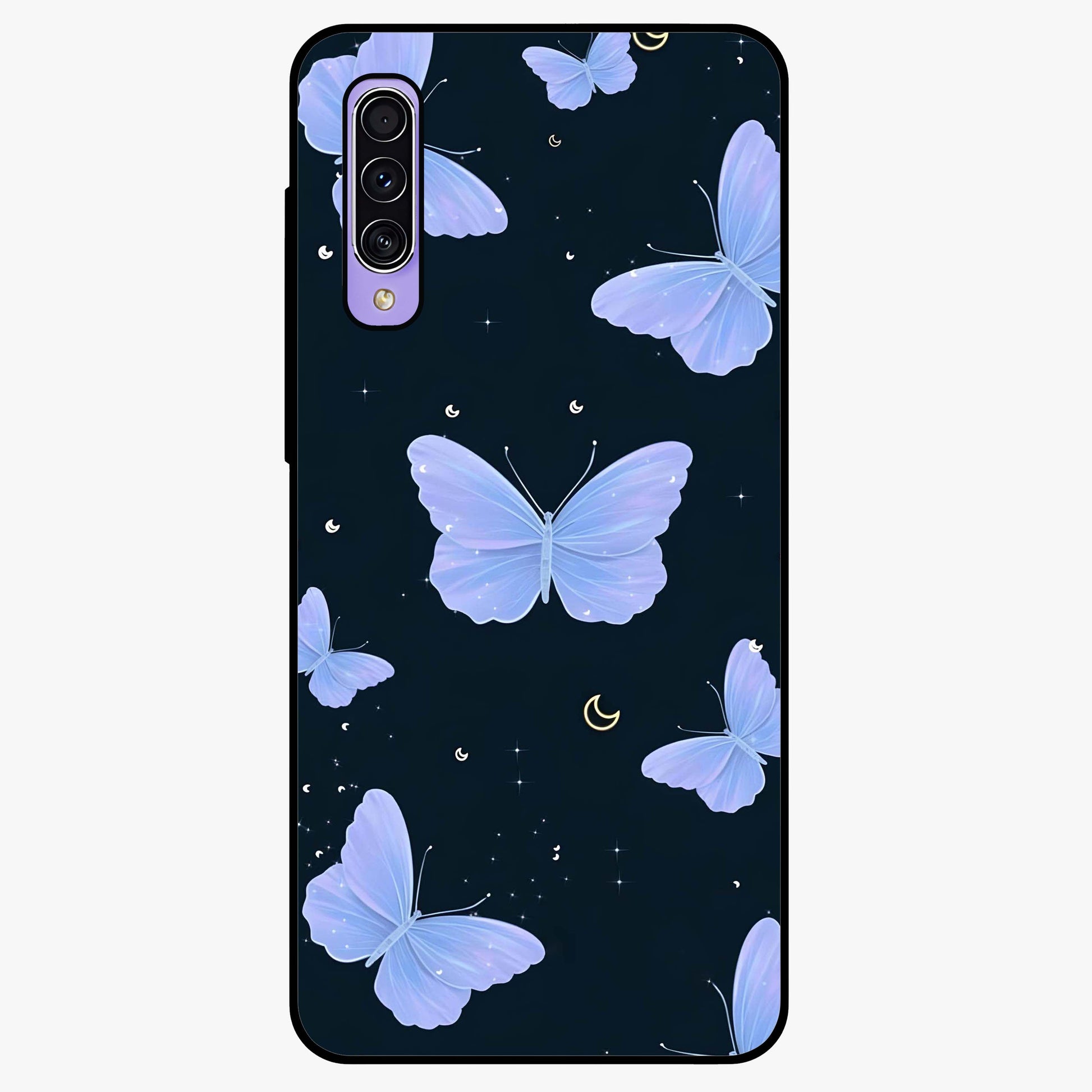 Butterfly With Stars Pattern Glass Case showing flat back view with butterfly and star pattern artwork and glossy glass finish.