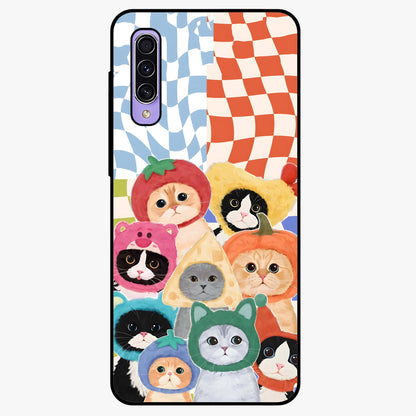 Cats in Fruits Glass Case showing flat back view with playful cat illustrations inside fruit artwork and glossy glass finish.