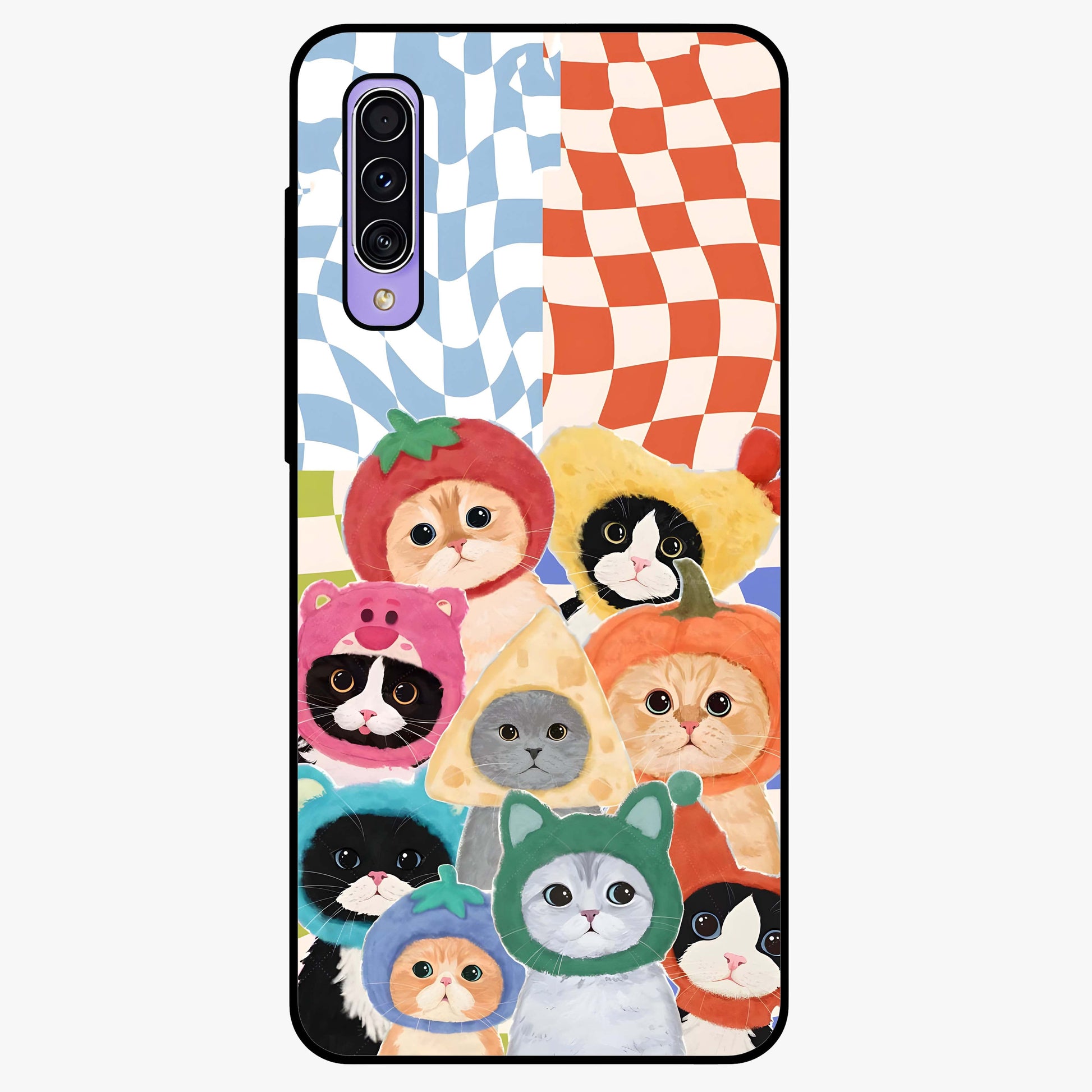 Cats in Fruits Glass Case showing flat back view with playful cat illustrations inside fruit artwork and glossy glass finish.