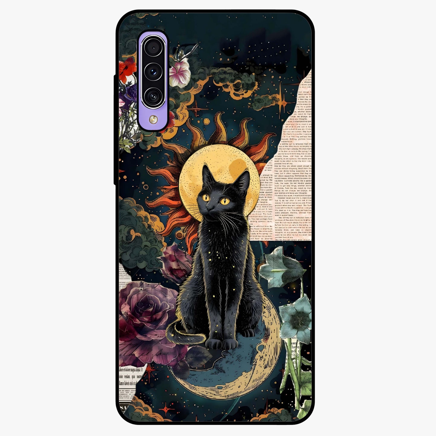 Celestial Black Cat Glass Case showing flat back view with mystical black cat artwork and glossy glass finish.