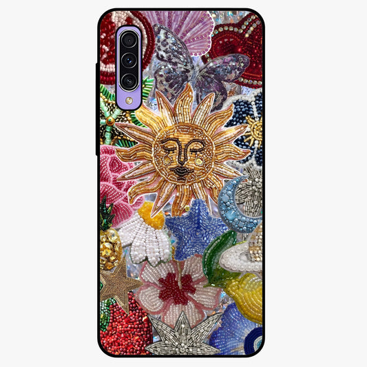 Celestial Floral and Playful Glass Case showing flat back view with floral and celestial themed artwork and glossy glass finish.