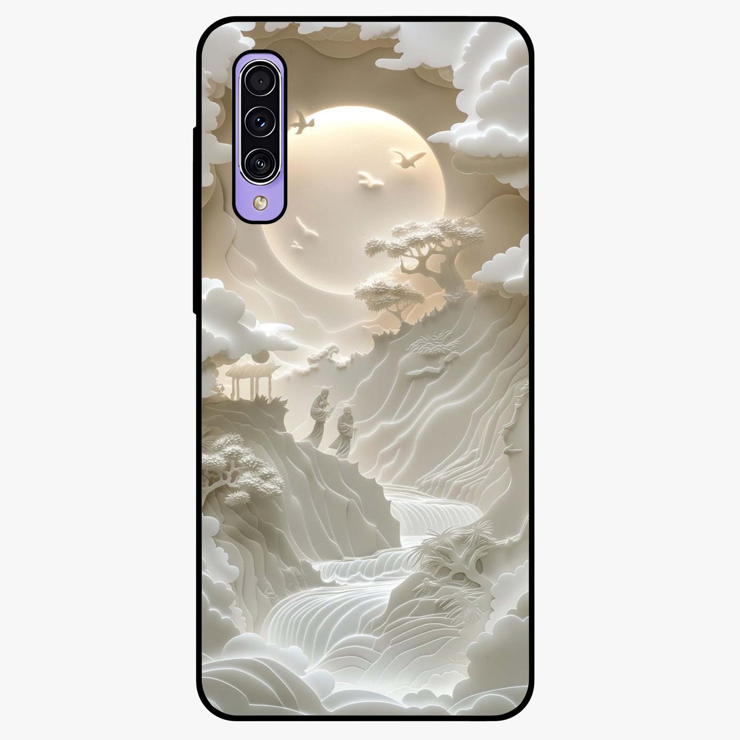 Celestial Origami Glass Case showing flat back view with artistic origami inspired celestial artwork and glossy glass finish.