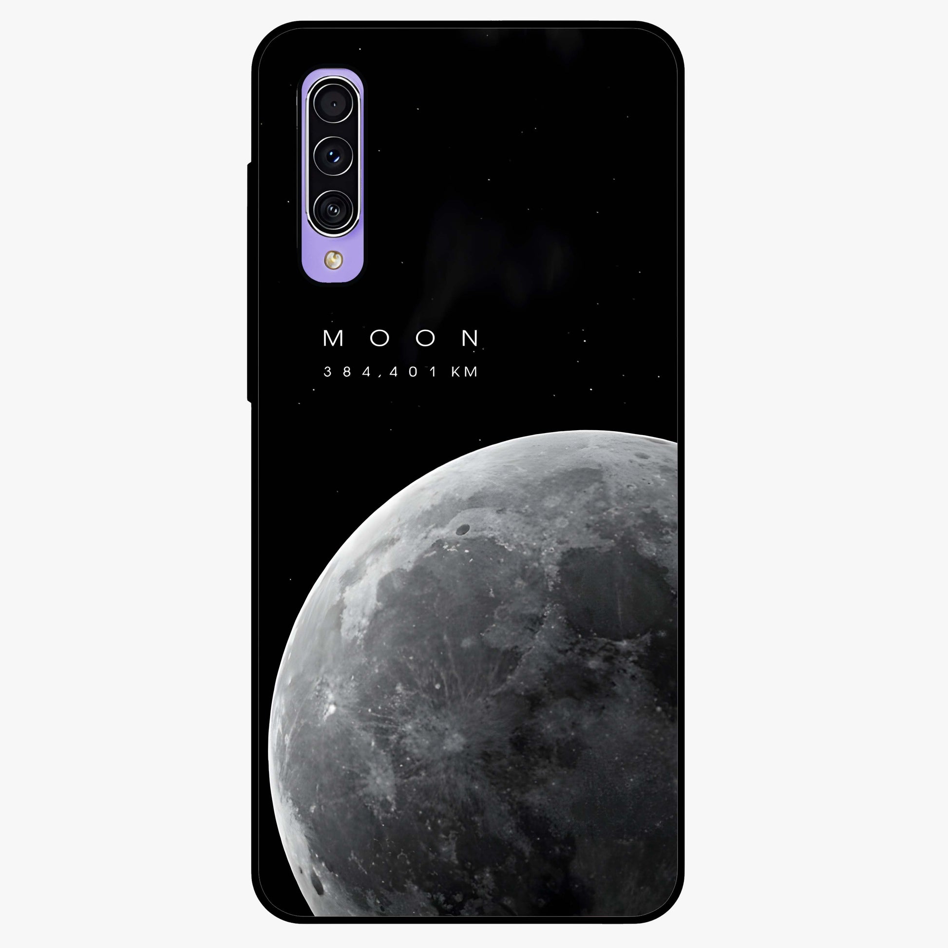 Cosmic Moon Glow Glass Case showing flat back view with glowing moon artwork and glossy glass finish.