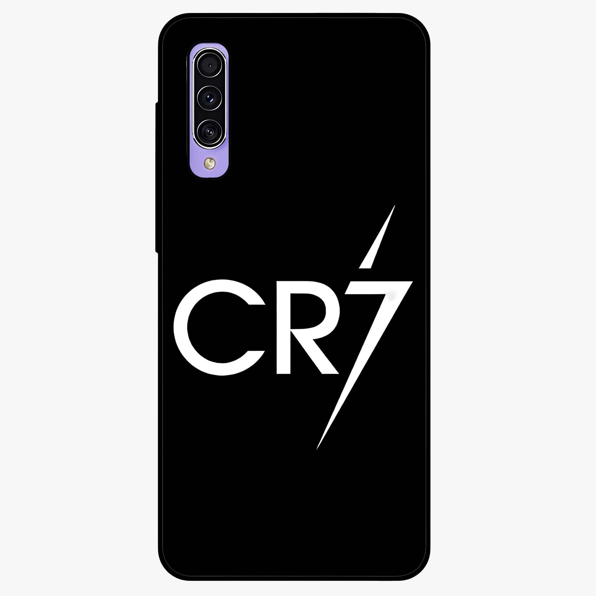 Cr7 Elite Strike Glass Case showing flat back view with dynamic football inspired artwork and glossy glass finish.